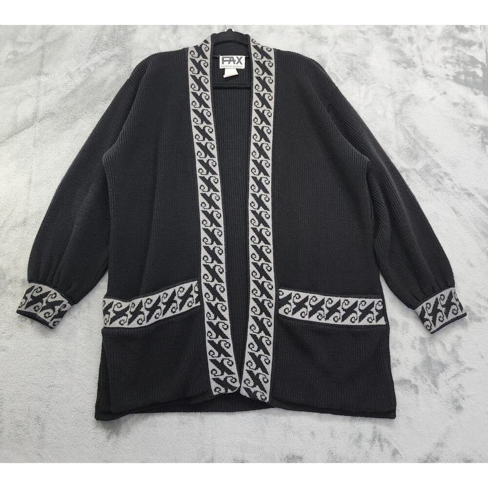 Vintage 80s FAX Cardigan Womens Size L Black‎ Gray Bloused Sleeves Open Front